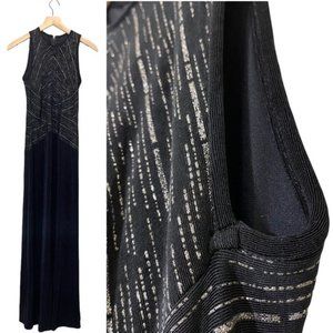 Vintage Tadashi Gown Gold Metallic Striped Sleeveless Black Dress M Formal